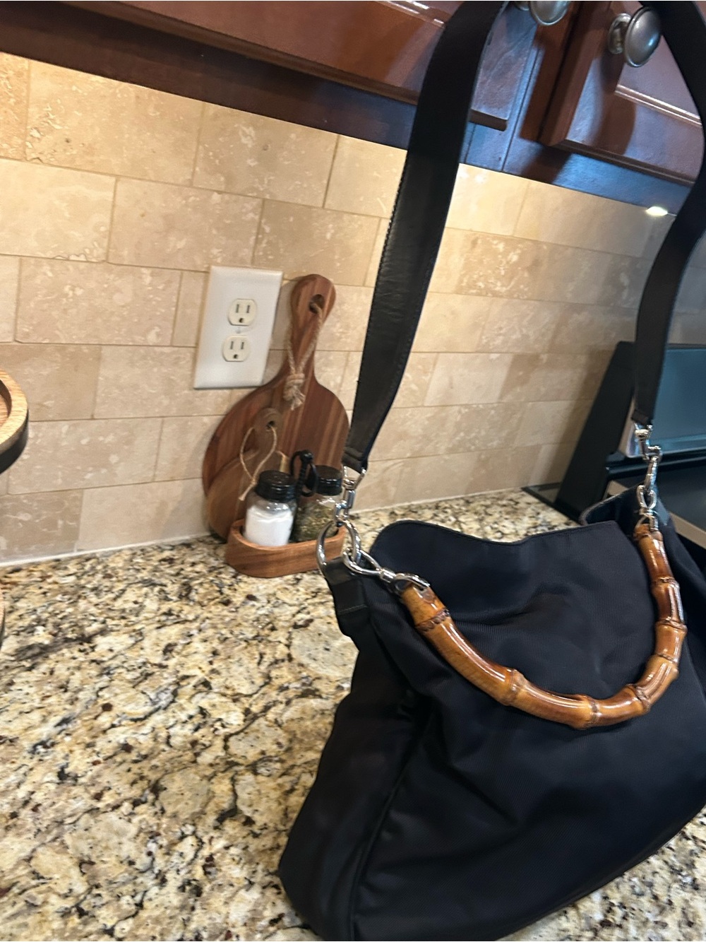 Gucci Two-Way Hobo Bag w/ Bamboo Handle  Black Nylon and Leather Trim coa - Picture 4 of 10